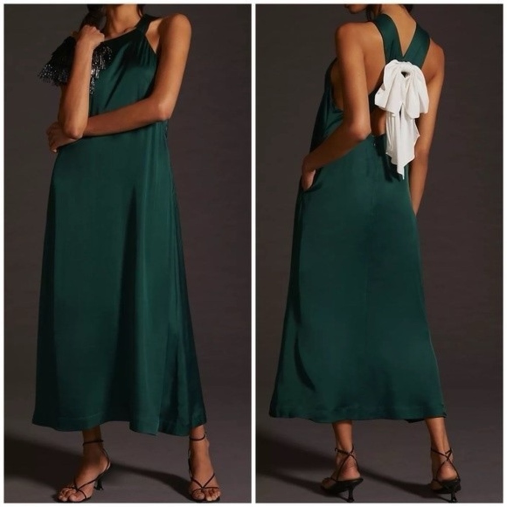 Anthropologie Maeve Emerald Greenβ Bow-Back Halter-Neck Midi Dress Xs